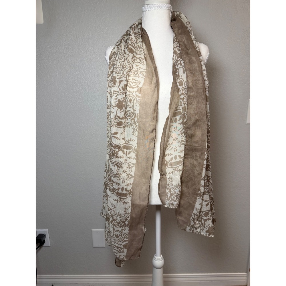 Gothic Tan Cream Skull Damask Print Lightweight Scarf Wrap